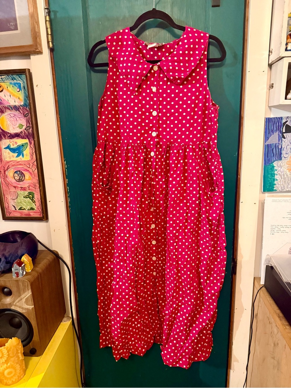 Vintage Pink Polka Dot Sleeveless Dress with Peter Pan Collar